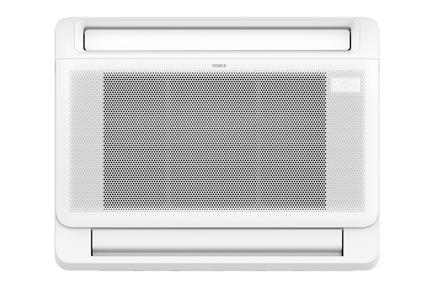 A white wall-mounted window air conditioner with a large front grille and a slim top vent, shown against a plain white background.