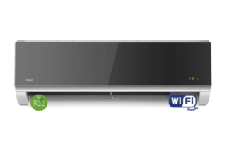 A wall-mounted split air conditioner indoor unit with a glossy black front panel and silver trim, shown against a white background. A green R32 circular badge appears in the lower left, and a blue Wi-Fi Ready badge appears in the lower right.