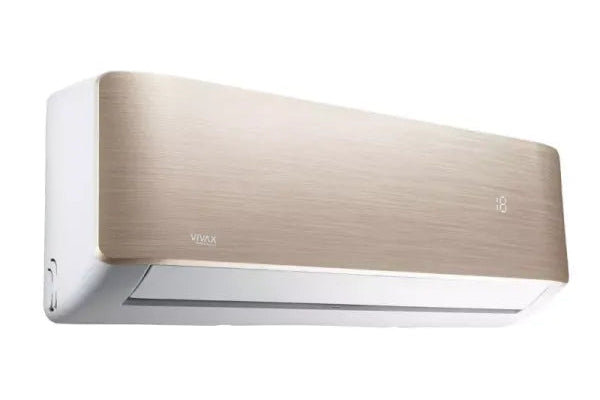A wall-mounted split air conditioner indoor unit with a brushed gold metallic front panel and white casing, shown against a plain white background.