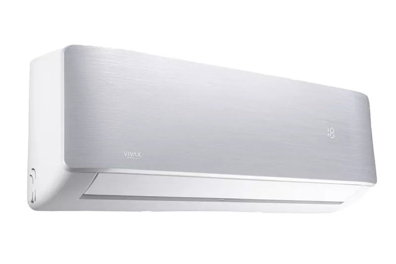 A VIVAX wall-mounted split air conditioner indoor unit with a brushed silver metal front panel and white casing, shown against a plain white background.