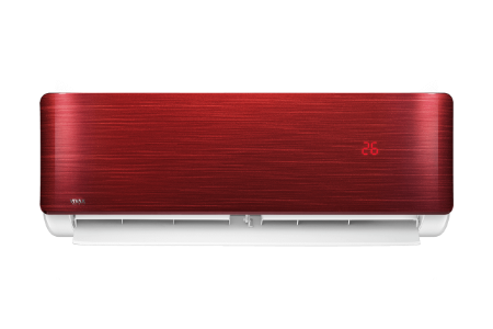 A wall-mounted air conditioner or split system indoor unit with a brushed metallic red front panel and white lower housing, shown against a plain white background.