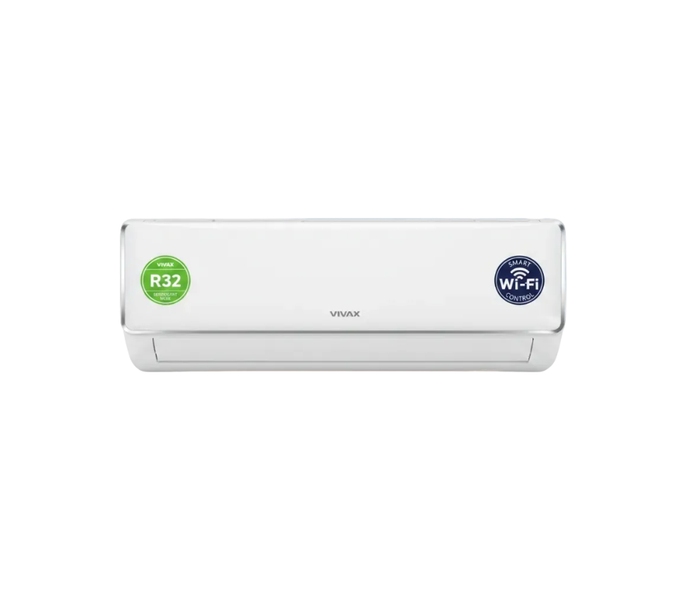 White air conditioner with R32 and Wi-Fi control labels on a white background