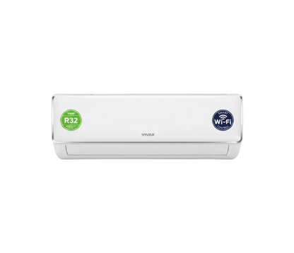 White air conditioner with R32 and Wi-Fi control labels on a white background