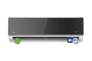 A wall-mounted split air conditioner indoor unit with a glossy black front panel and silver trim, shown against a white background. A green R32 circular badge appears in the lower left, and a blue Wi-Fi Ready badge appears in the lower right.