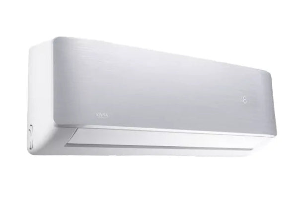 A VIVAX wall-mounted split air conditioner indoor unit with a brushed silver metal front panel and white casing, shown against a plain white background.