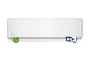 A white VIVAX wall-mounted air conditioner indoor unit with a green R32 badge on the bottom left and a blue optional Wi-Fi Ready badge on the bottom right.