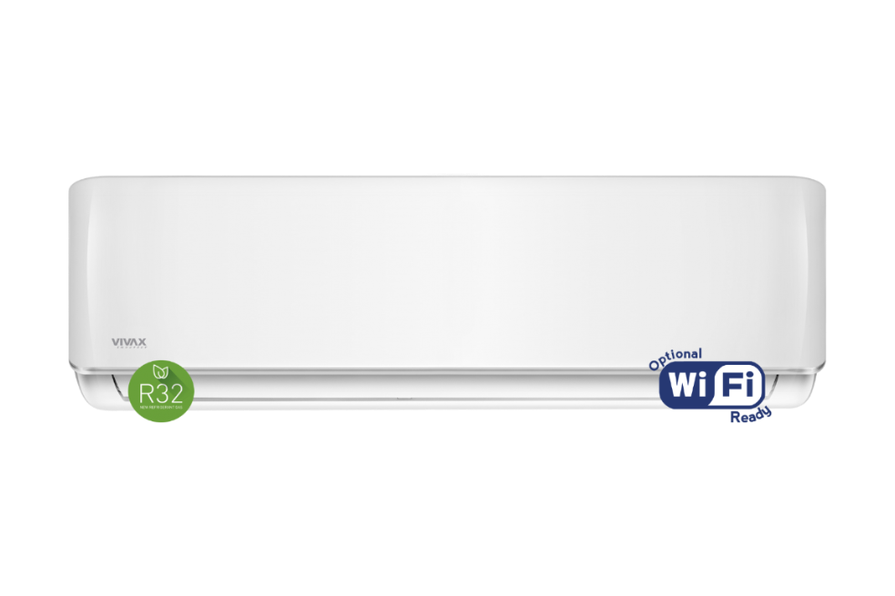 A white VIVAX wall-mounted air conditioner indoor unit with a green R32 badge on the bottom left and a blue Optional Wi-Fi Ready badge on the bottom right.